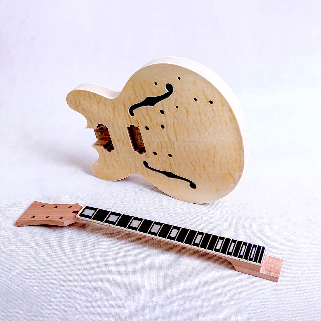 Electric Semi Hollow DIY Guitar Kit ES240 Mahogany Body Quilted Maple  Veneer Gold Hardware Black Fittings
