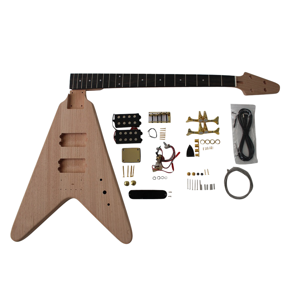 Electric Bass Guitar DIY Kit V Bass Mahogany Body Gold Fittings NON  Soldering - Coban Guitars